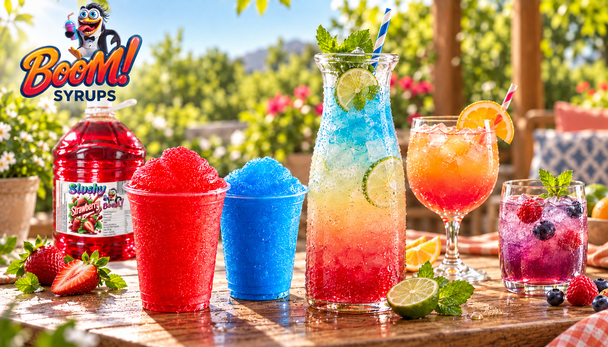 Colourful slushies, coolers and cocktails made with BooM Syrups